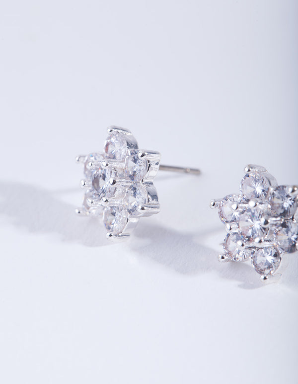 Silver Cubic ZIrconia Flower Earrings