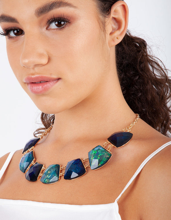 Gold & Blue Faceted Jewelled Necklace