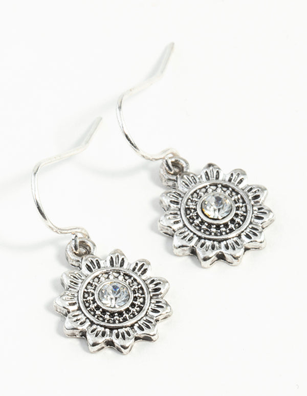 Antique Silver Sun Diamante Earrings