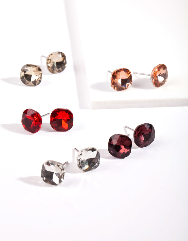 Silver Mini Square Crystal Stud Earring 5 pack