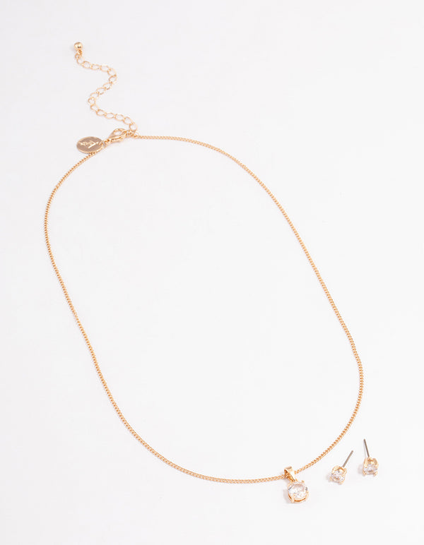 Gold Cubic Zirconia Classic Necklace Earrings Set
