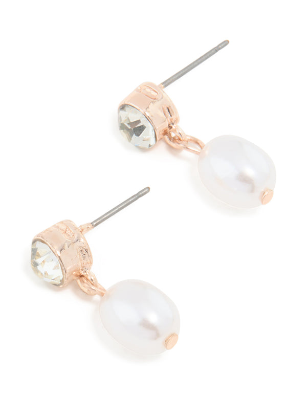 Rose Gold Pearl Drop Stone Stud Earrings