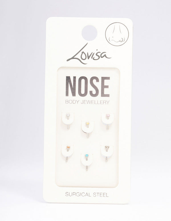 Surgical Steel Dainty Diamante Nose Hook 6-Pack