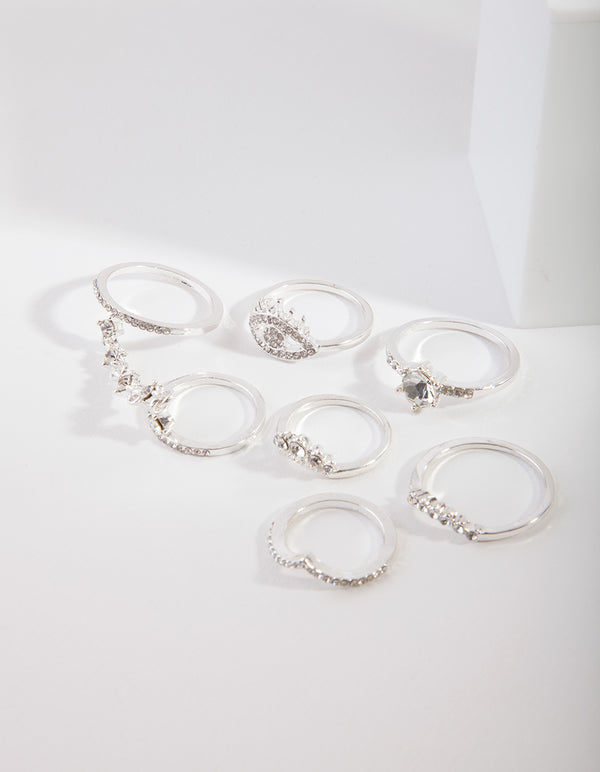 Silver Diamante Evil Eye Ring Pack