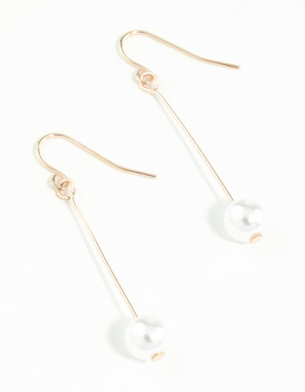Rose Gold Fine Stick & Pearl Drop Earrings
