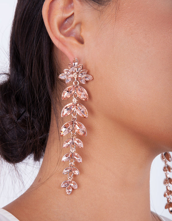 Rose Gold Pink Diamante Navette Earrings