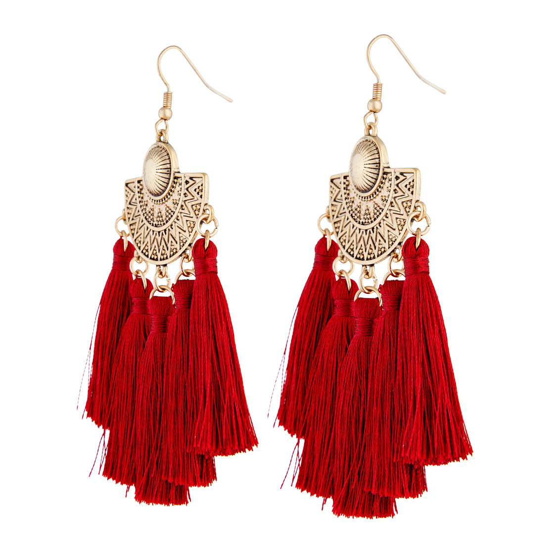 Burgundy Antique Gold Etched Tassel Earrings
