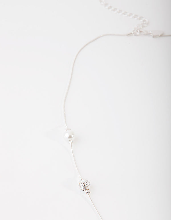 Silver Diamante & Pearl Bead Station Necklace