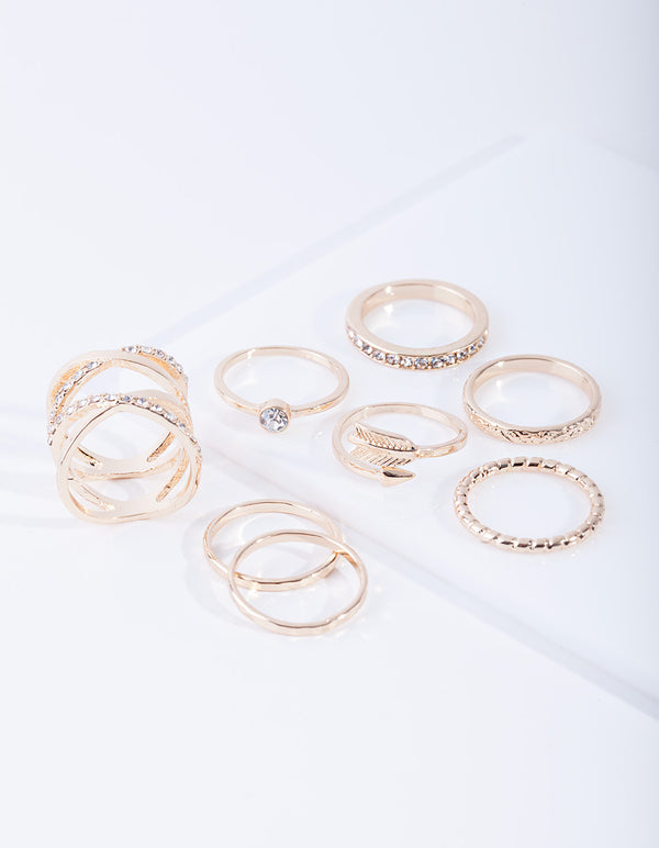 Gold Double Crossover Diamante Ring 8-Pack