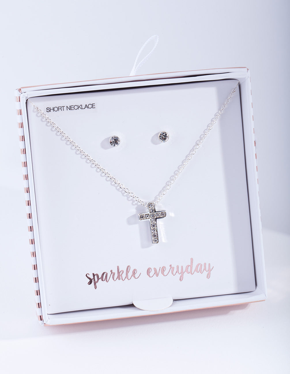 Silver Diamante Cross Necklace Earrings Set