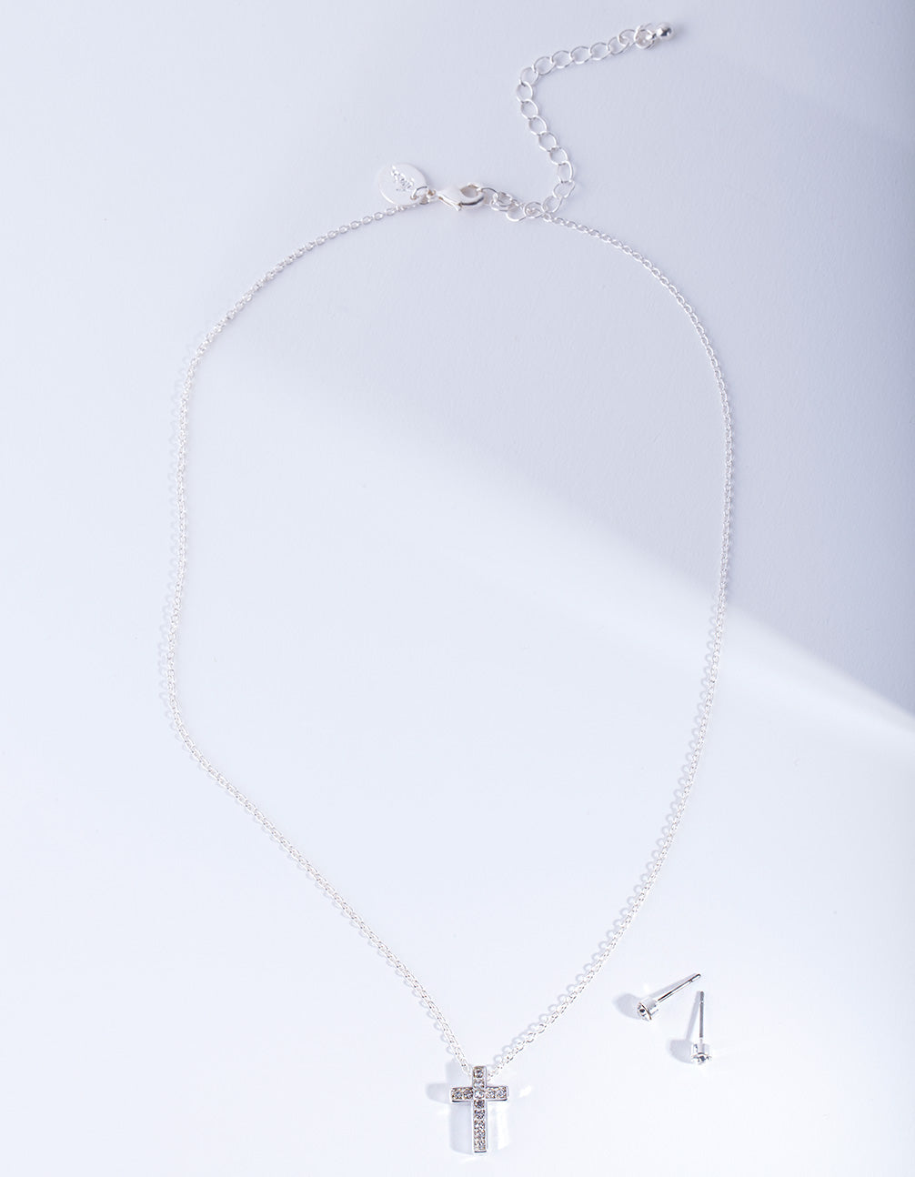 Silver Diamante Cross Necklace Earrings Set