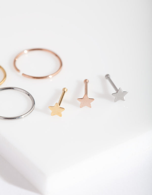 Mixed Metal Fine Star Nose Piercing 6-Pack