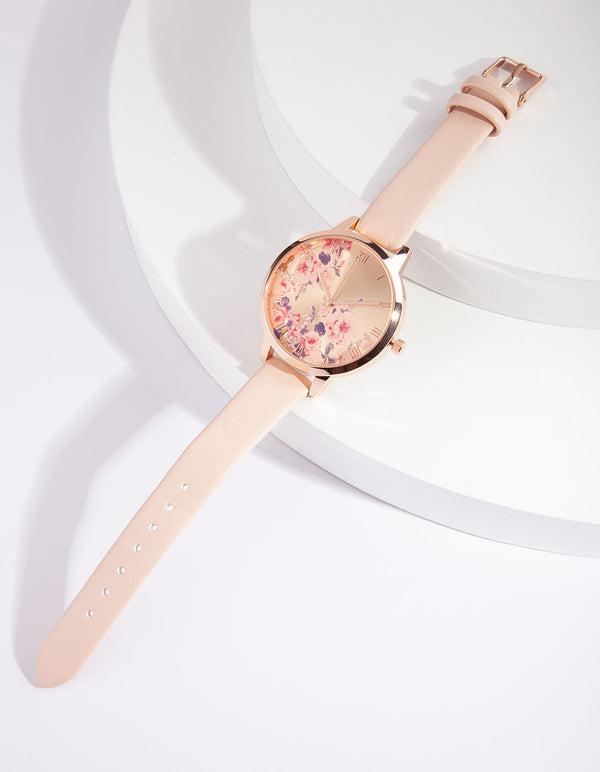 Pink Floral PU Strap Watch