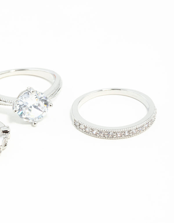 Silver Round Stone Cubic Zirconia Triple Ring Stack