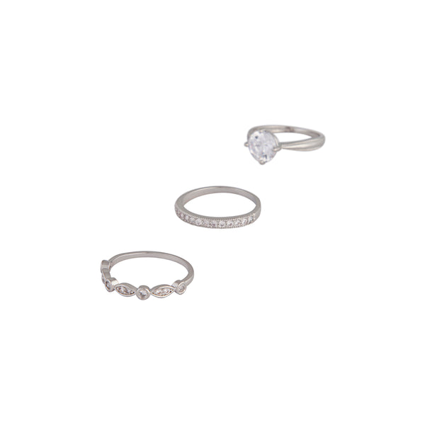Silver Round Stone Cubic Zirconia Triple Ring Stack