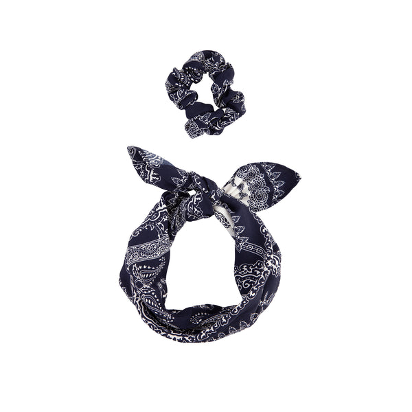 Navy White Paisley Bow Scrunchie