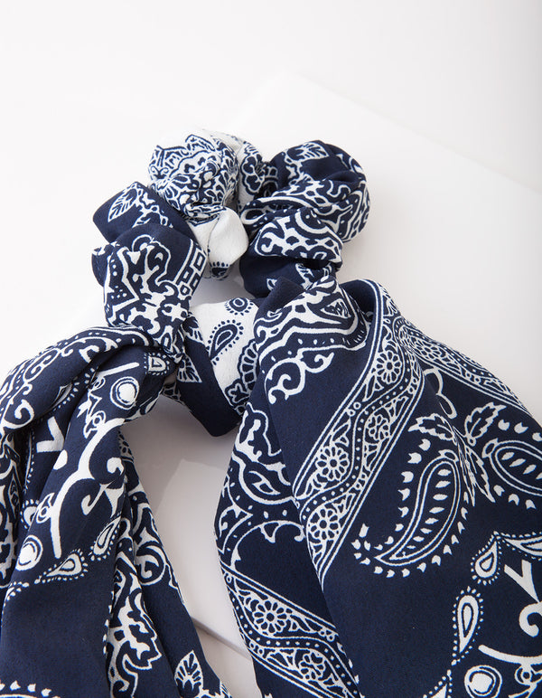 Navy White Paisley Bow Scrunchie
