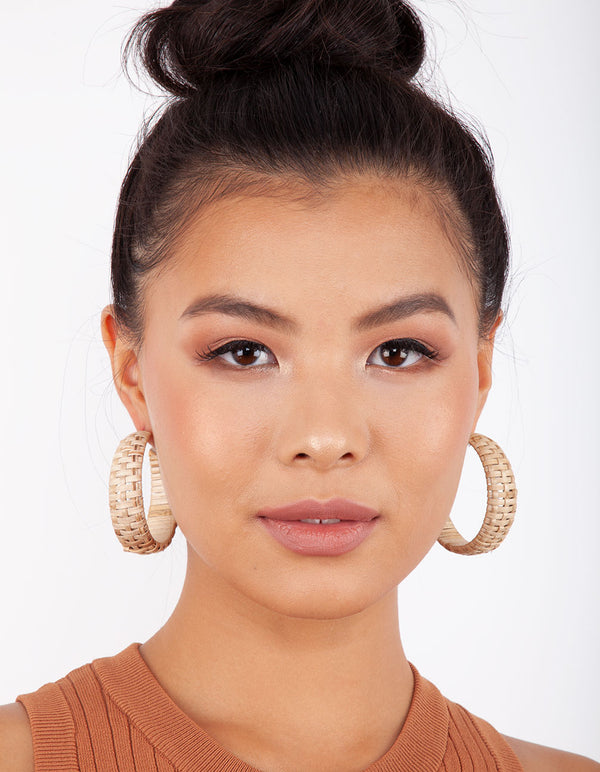 Brown Raffia Chunky Hoop Earrings