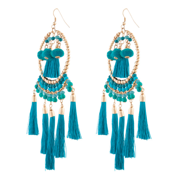 Green Statement Tassel Pom-Pom Earrings