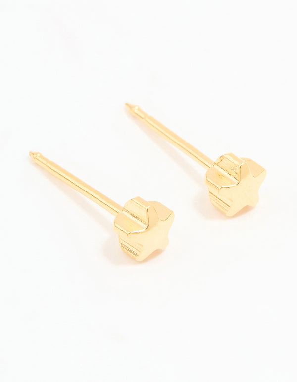 Showcasing 24K gold plated surgical stainless steel 4MM star piercing studs with celestial design and stud closure front view
