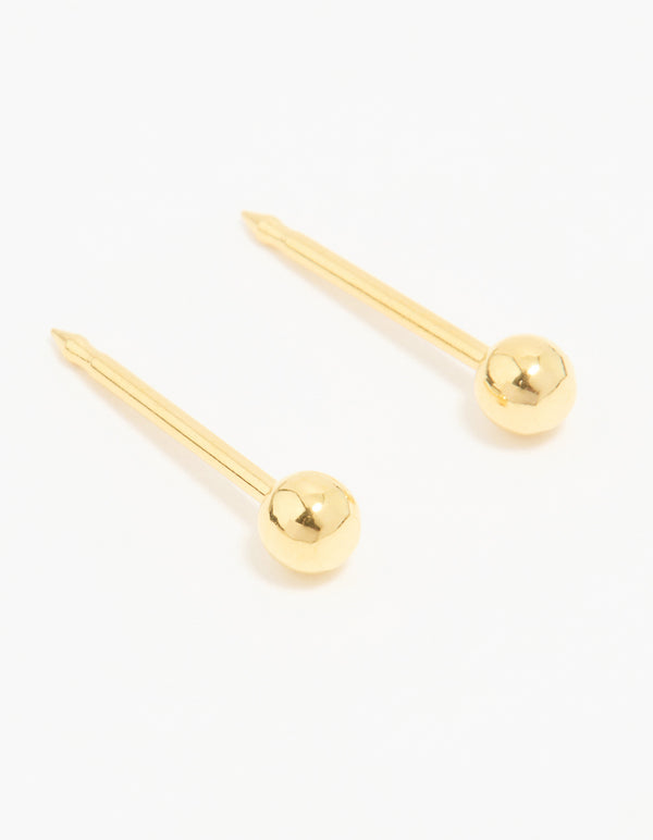 Introducing 24K gold plated surgical stainless steel 3MM piercing studs featuring balls in gold with stud closure front view
