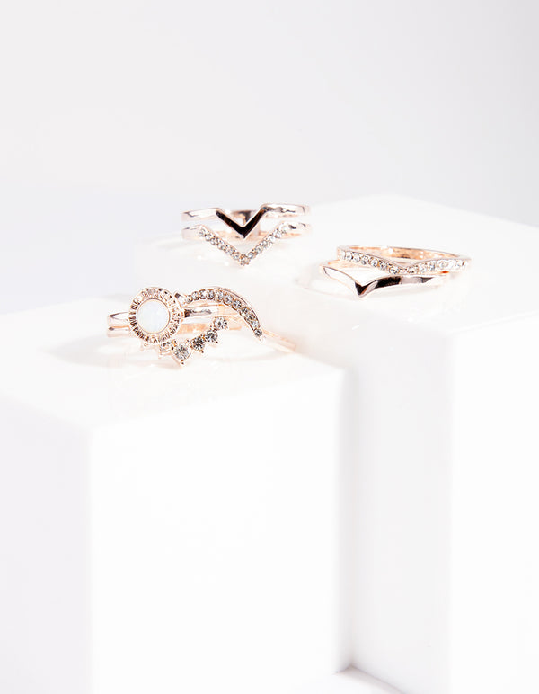 Rose Gold Multi Shape Diamante Ring Pack