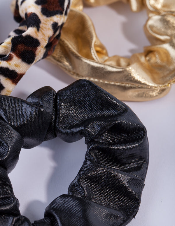 Metallic Gold Leopard Leatherette Scrunchie Pack