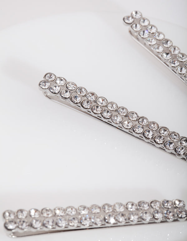 Silver Double Row Diamante Clip 4-Pack