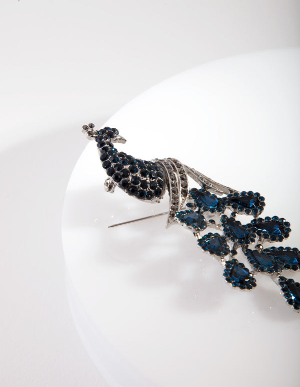 Blue Diamante Silver Peacock Brooch