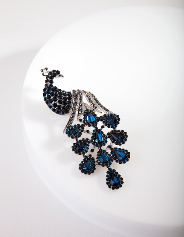 Blue Diamante Silver Peacock Brooch