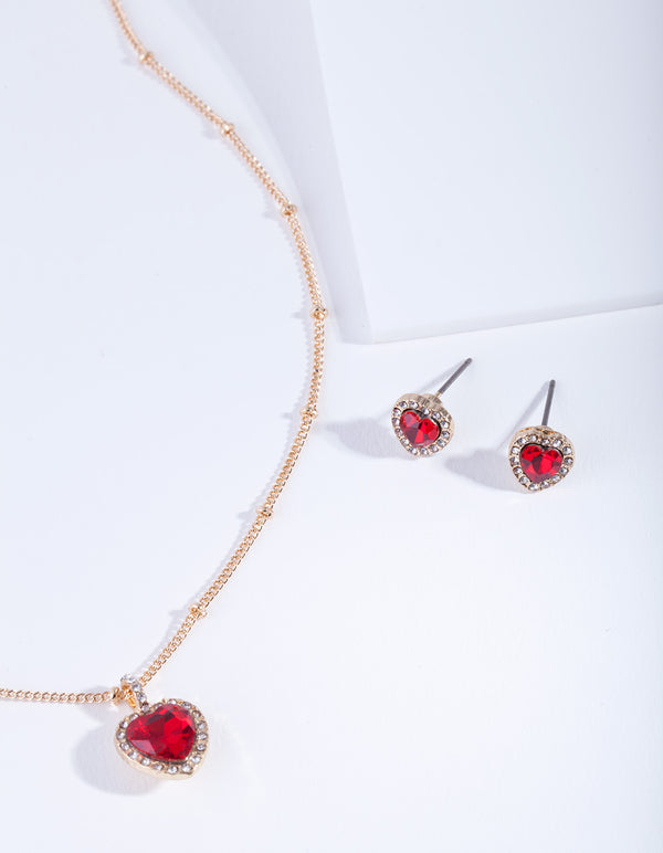 Gold Red Heart Necklace Earrings Gift Box