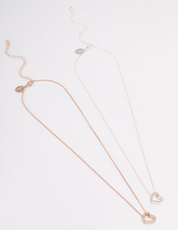 Mixed Metal Diamante Heart Necklace 2 Pack