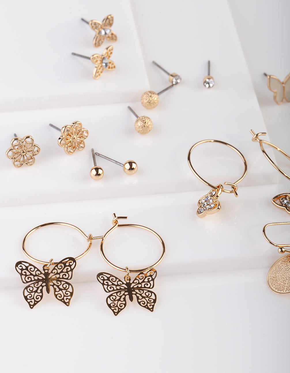 Gold Butterfly Stud & Sleeper Earrings 9PK