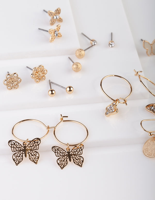 Gold Butterfly Stud & Sleeper Earrings 9PK