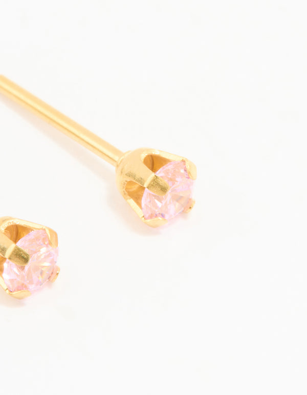 Featuring 24K gold plated surgical steel 3MM pink cubic zirconia piercing studs with light pink gemstones post detail view