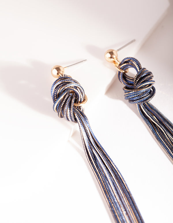 Gold & Dark Blue Metal Tassel Earrings