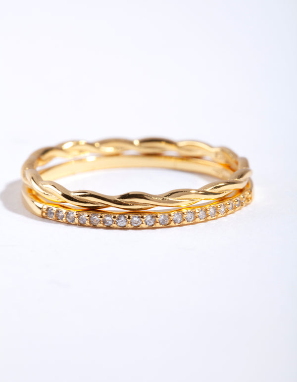 Gold Plated Sterling Silver Diamante Twist Ring Stack