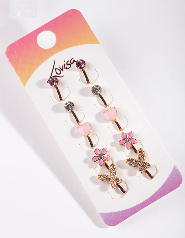 Kids Shiny Gold Diamante Heart Flower & Butterfly Clip On Earring 5-Pack