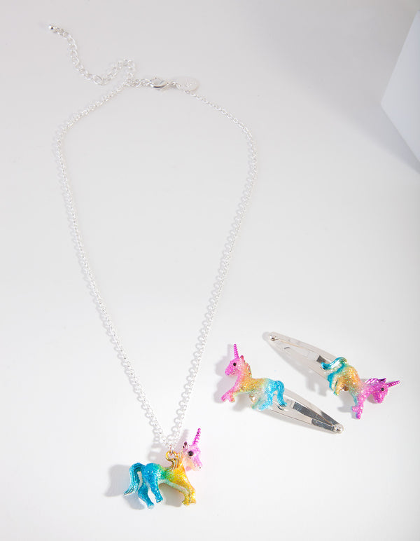 Kids Silver Unicorn Clip Necklace Set