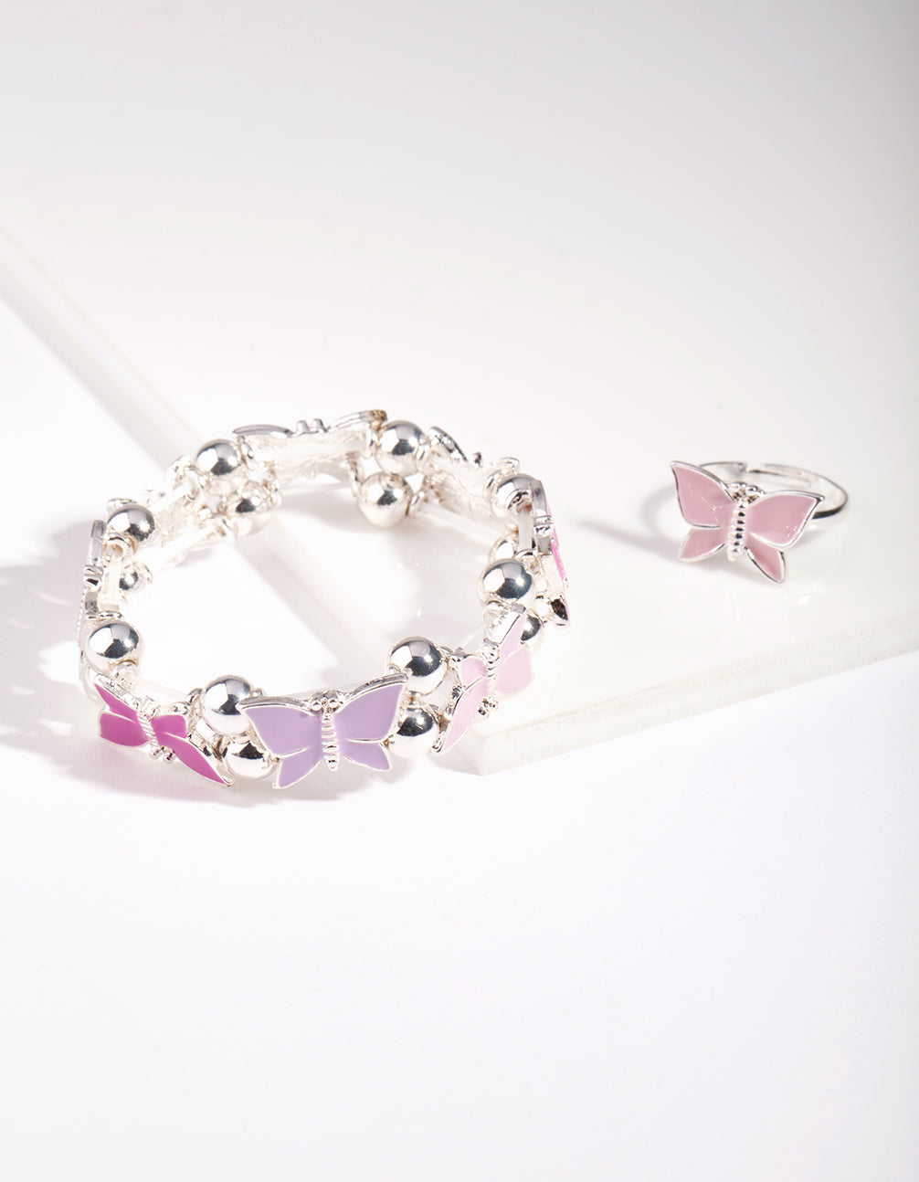 Kids Silver Enamel Butterfly Stretch Bracelet & Ring Set