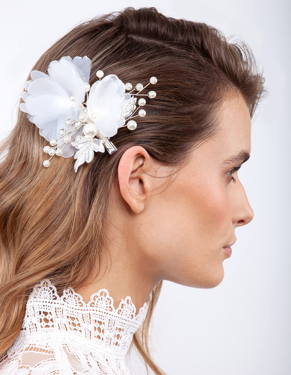 Silver White Fabric Flower Hair Clip