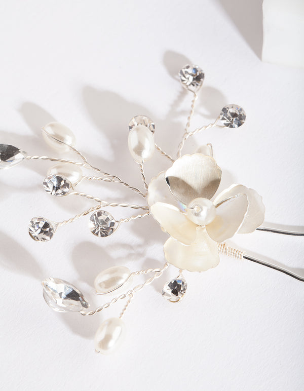 Silver White Flower Hair Pin Pack