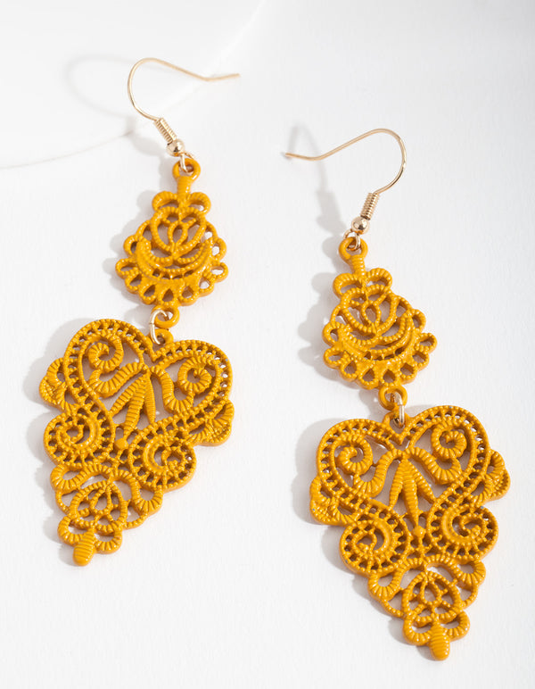 Yellow Large Filigree Drop Earrings