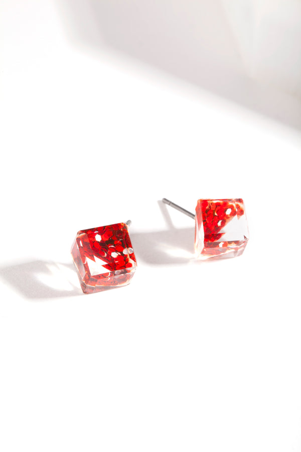 Red Glitter Square Stud Earrings