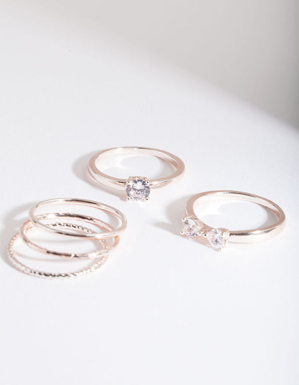 Rose Gold Cubic Zirconia Bow & Band Stacking Rings 5-Pack