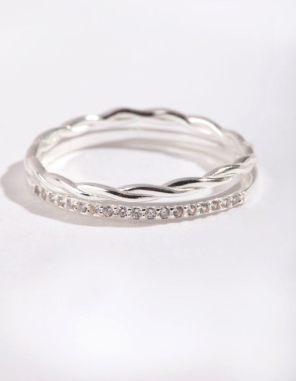 Sterling Silver Cubic Zirconia & Twisted Ring Stack