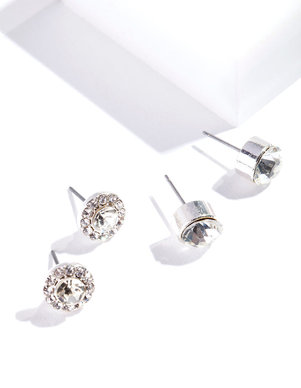 Silver Statement Diamante Stud Earring Pack