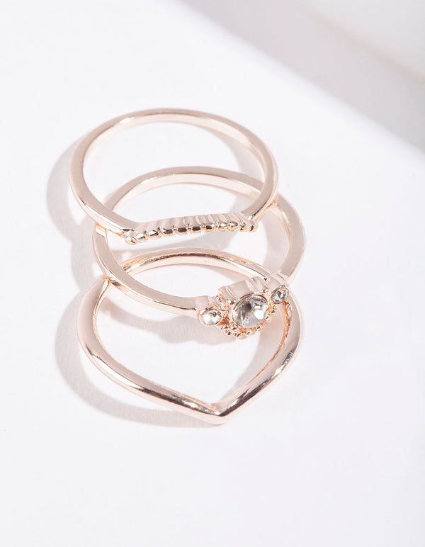 Rose Gold Diamante 3 Band Ring Stack