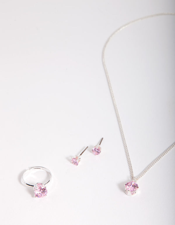 Kids Pink Cubic Zirconia Silver Jewellery Set