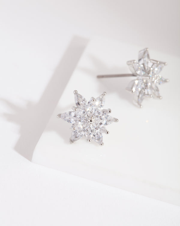 Silver Diamond Simulant Elegant Flower Stud Earring